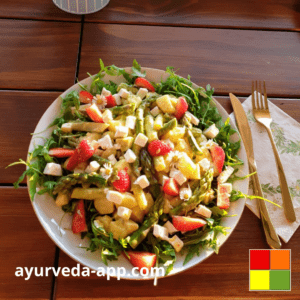 Photo of a plate of Asparagus Potato Salad, with strawberries and decorated with edible flowers. Beside the plate is a fork and knife on top of a decorated napkin.