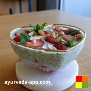 Photo of a heart-shaped bowl with Matcha chia pudding with strawberries