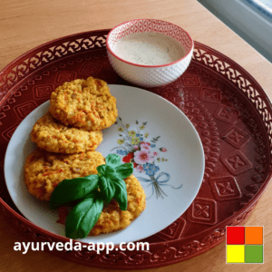 Photo of a flowery plate with millet patties. The dish is on a tray, along with a bowl of sauce.