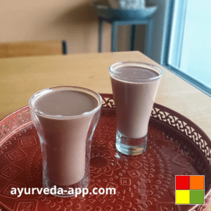 Photo of two glasses of Pecan Chocolate Smoothie on a decorated red tray