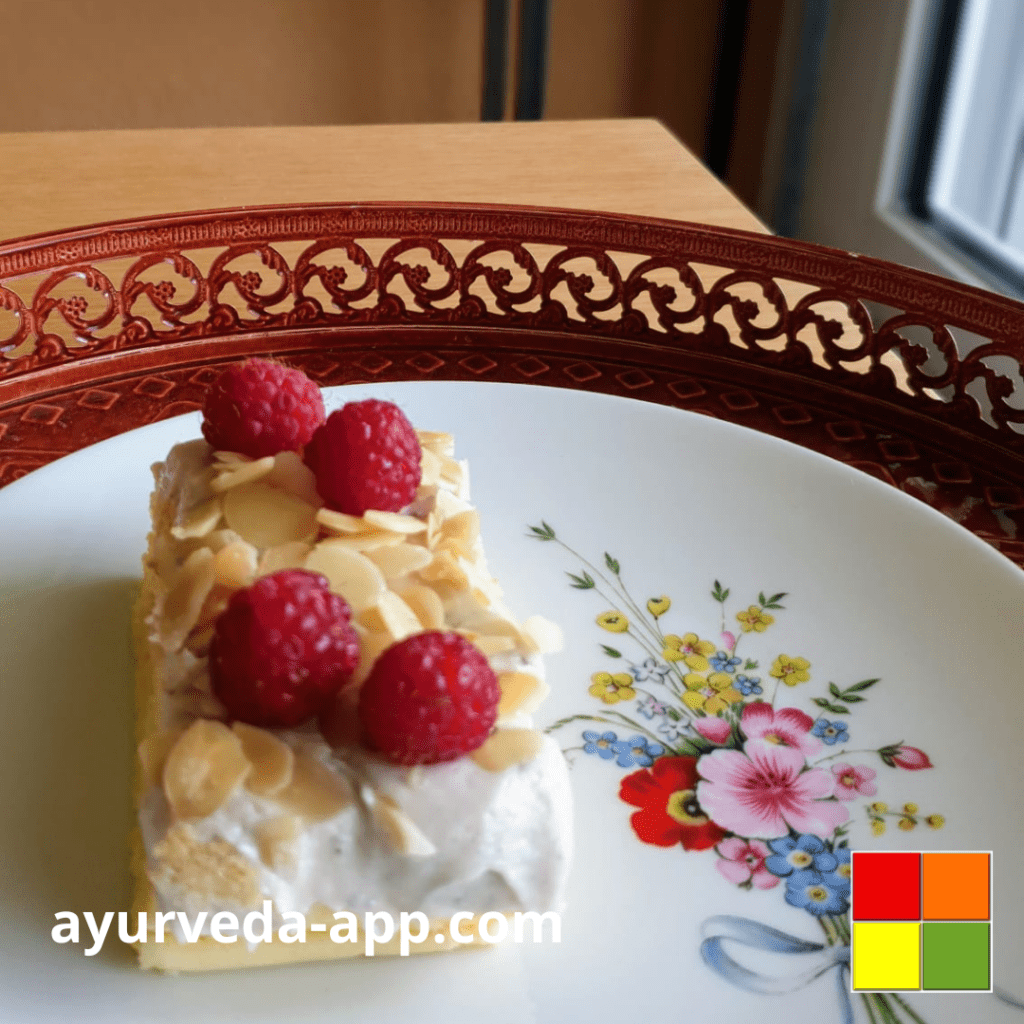 Photo of Low-carb yogurt sponge cake with almond flakes, chestnut cream and raspberry topping on a white plate with floral details