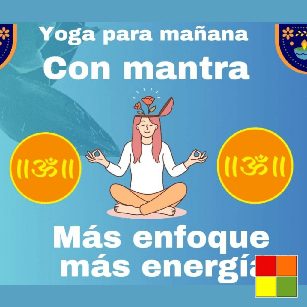 Image with the icon of a woman with pink hair sitting cross-legged in a meditation pose with her eyes closed, from the top of her head comes a red flower. Above the icon there is the text "Yoga for morning with mantra" and below there is the text: "More focus, more energy" in Spanish. The background of the image is blue