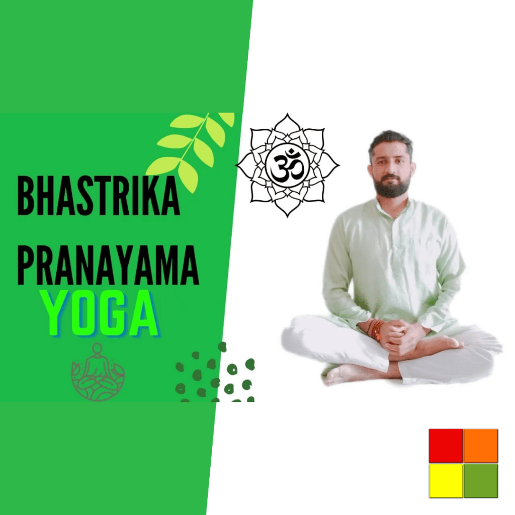 Image of a man sitting cross-legged, his hands resting on his feet. Next to it there is the text: "Bhastrika Pranayama Yoga", below the text there is a meditation icon. The background of the image is white and green.