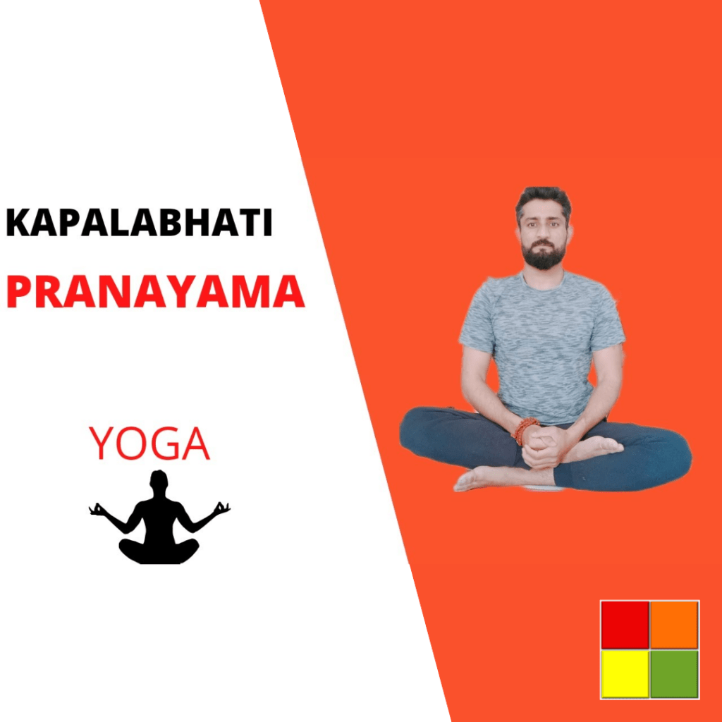 Photo of a man with his legs crossed and his hands clasped on top of his foot. Next to it is the text, "Kapalabhati Pranayama" and "Yoga", with an icon of a person in a meditation position below. The background of the image is white and red.