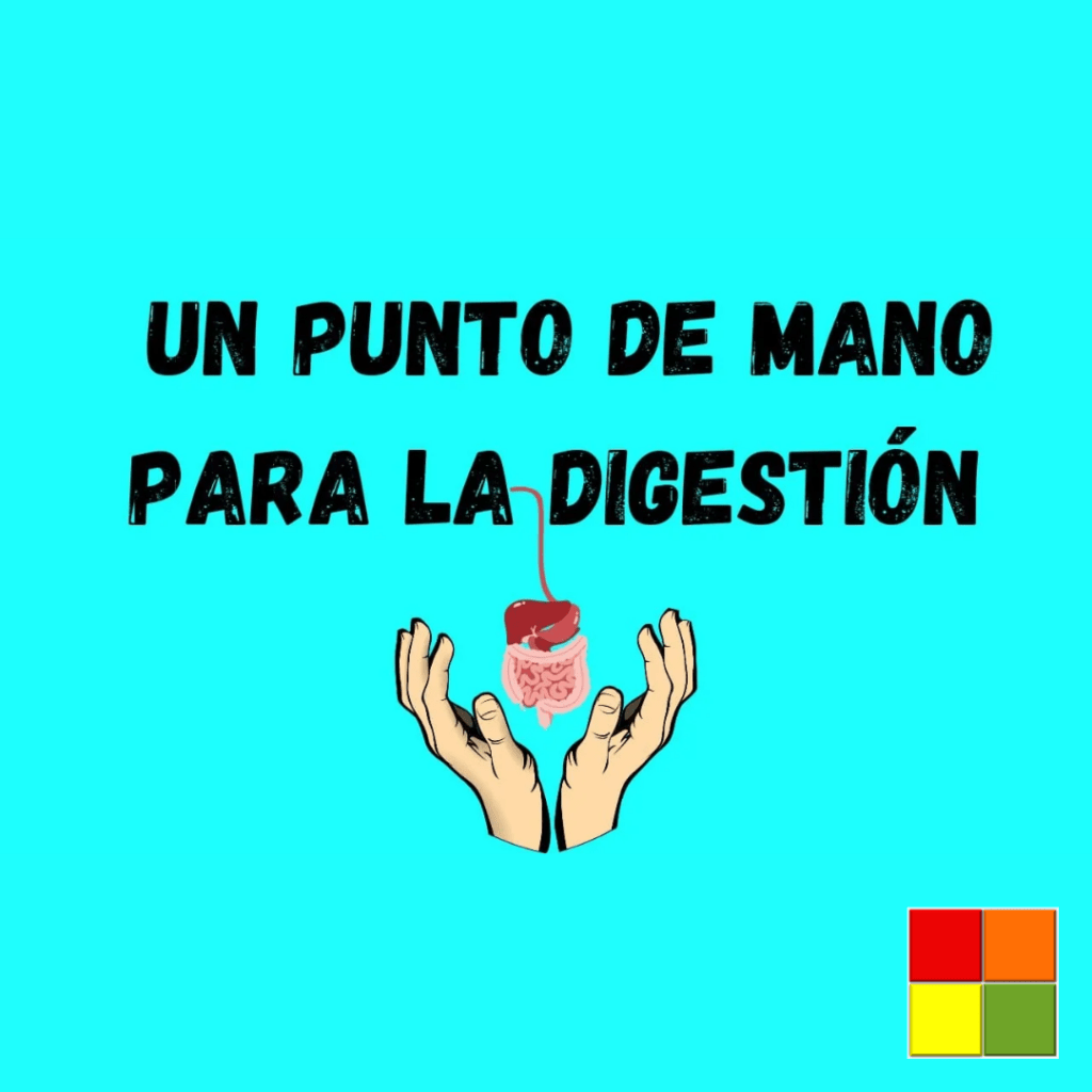 Digestive system icon, below there is an icon of two open hands. Above the images there is the text: "A point on the hand for digestion" in Spanish. The background of the image is blue.