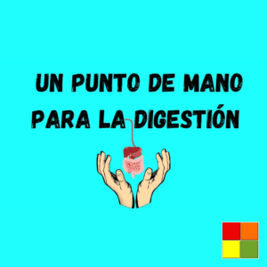 Digestive system icon, below there is an icon of two open hands. Above the images there is the text: "A point on the hand for digestion" in Spanish. The background of the image is blue.