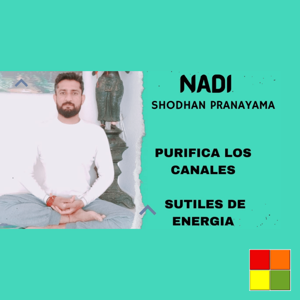 Photo of a man sitting cross-legged, with his hands on his feet. Next to the image there are the texts: "Nadi Shodhan Pranayama", "purifies the subtle energy channels" in Spanish. The background of the image is green.