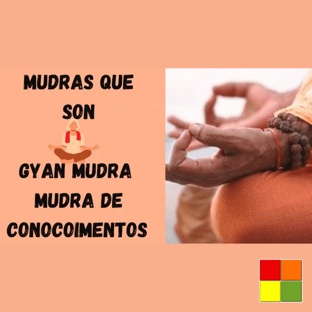 Photo of a person with their legs crossed, with their hands on their knees, with their thumbs touching their index fingers and the other fingers stretched out. In the photo, only the legs, hands and wrists are visible. Next to the image there is the text: "what are mudras", "Gyan Mudra Mudra of knowledge" in Spanish