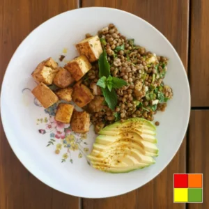 Imatge d'un plat d'amanida de llenties i mango amb tofu. Una recepta d'Ayurveda fantàstica que es pot adaptar a tots els doshas.