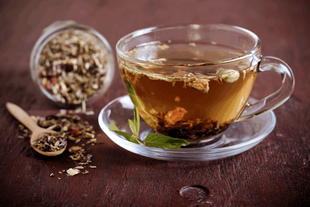 Photo d'une tasse à thé au cumin à côté d'un pot à cumin. Dans cet article, nous explorons trois bienfaits du cumin en Ayurveda.