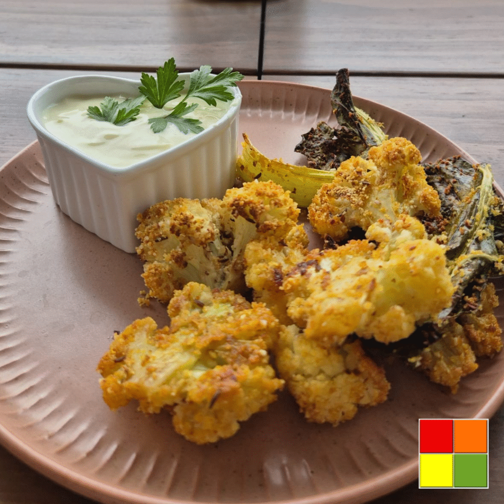 Picture of Baked cauliflower with vegan horseradish dip served on a light pink round plate. The dip sauce is in a small heart-shaped ceramic bowl.